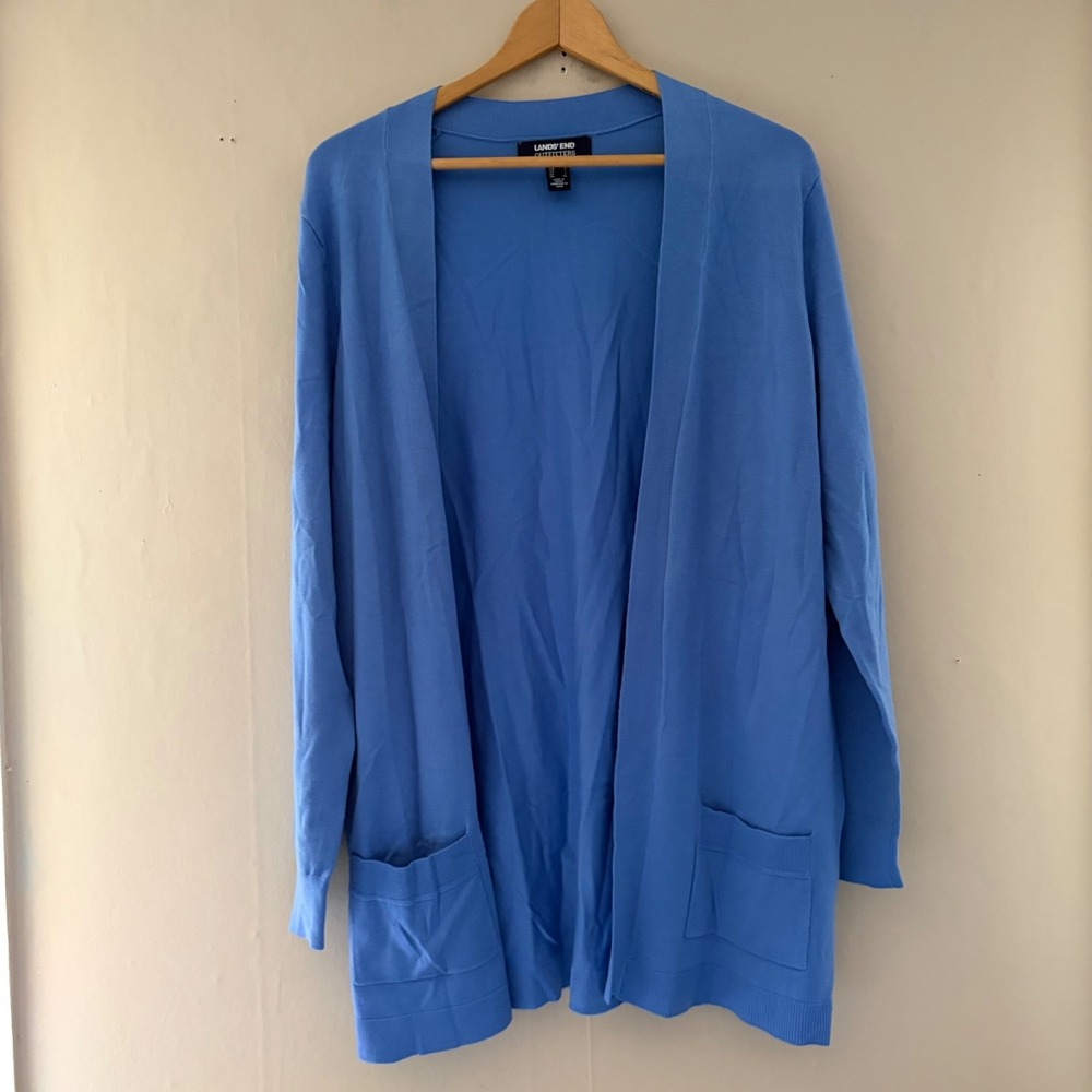 Lands End Women's Open Front Cardigan Sweater Size L Blue Knit Pockets Office